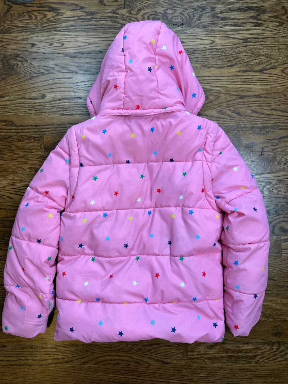 Mini Boden Girls Pink Multicolor Star Print 2-in-1 Puffer Jacket w/ Hood 11-12